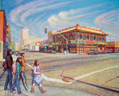 Anthony Holdsworth, Oakland Chinatown, 2007, 50 x 60 inches, Oil on canvas. Artwork is part of the Alameda County Art Collection: Artwork Created by Alameda County Artists. Photo: Sibila Savage.